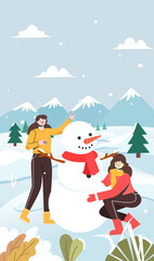 illustration of girls making snowmen together in winter