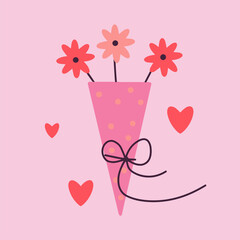 Happy Valentine's Day, February 14th. Vector card with a bouquet of flowers in pink tones on a solid background. Suitable for social media posts, mobile apps, online ads, marketing materials.