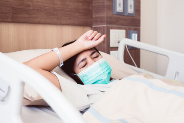 Patient asian woman having a headache or migraine severe in hospital,Dengue fever