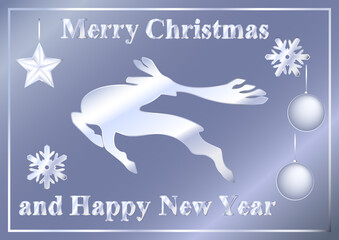 Abstract silver Christmas deer, balls, star, snowflakes, inscriptions Merry Christmas and Happy New Year. Collection for the design of a greeting card, banner, poster. Vector illustration.