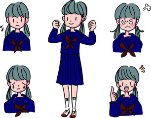 女子学生　表情イラストセット素材