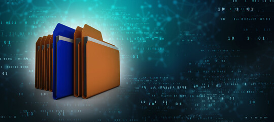 3d illustration of folders. Open folder with papers in abstract binary and network background