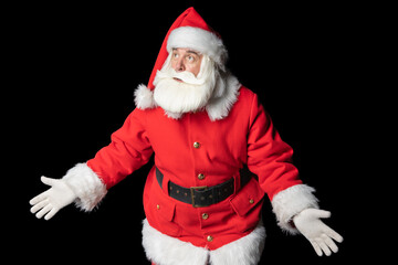 Old elderly man dressed as Santa Claus, clueless and confused, with open arms on a black background. Concept idea doubtful face.
