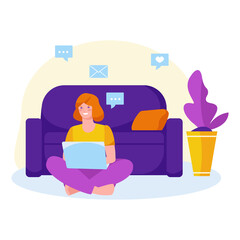 Girl with a laptop next to the sofa. Concept for freelance work, online learning. Vector illustration in flat cartoon style. Isolated on a white background.