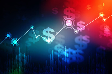 business line graph growing upwards in futuristic business background. Background filled with dollars and graph