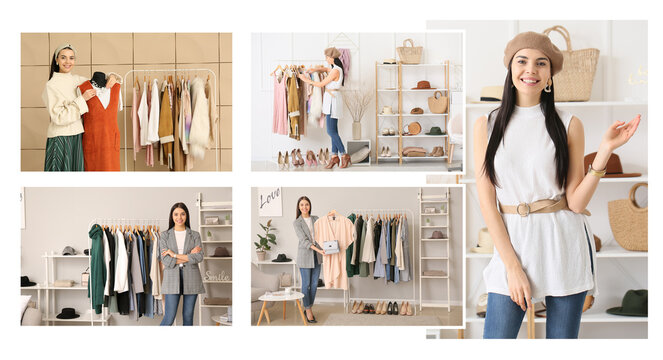 Collage of photos with different young female clothes stylists at workplace