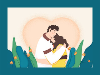 Young Couple Hugging Each Other With Floral On Noise Effect Heart White And Blue Background.