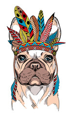 Cute cartoon french bulldog in indian headdress. Bright illustration in ethnic style. Stylish image for printing on any surface