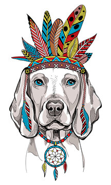 Cute cartoon weimaraner dog in indian headdress. Bright illustration in ethnic style. Stylish image for printing on any surface