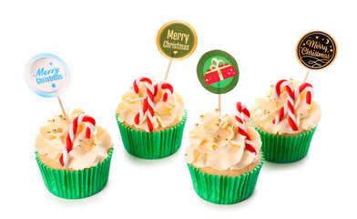 Tasty Christmas cupcakes on white background