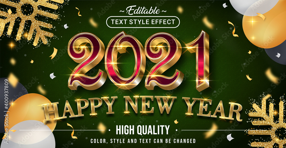 Poster Happy New Year 2021 with Gold and Red Text Effect Color - Editable text effect.