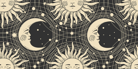 Naadloos patroon met een gouden zon met een gezicht en een halve maan op een zwarte achtergrond, melkweg, maan, sterren. Mystieke sieraad in de oude vintage stijl. vector illustratie