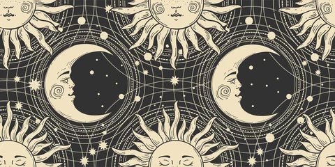 Behang Beige Naadloos patroon met een gouden zon met een gezicht en een halve maan op een zwarte achtergrond, melkweg, maan, sterren. Mystieke sieraad in de oude vintage stijl. vector illustratie