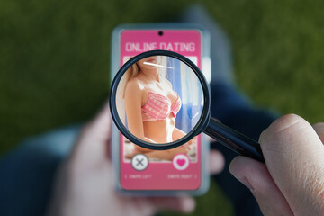 People meet in the app via Internet. men looks at photos of beautiful woman on his smartphone in the Dating app at home, online love concept. dating site on screen. All screen graphics are made up