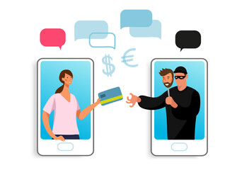 Conceptual illustration of online fraud, cyber crime, data hacking. A woman on the phone screen and the scammer stealing a bank card. Flat vector illustration