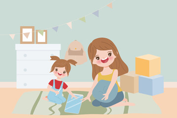 Mother and kid stay at home.