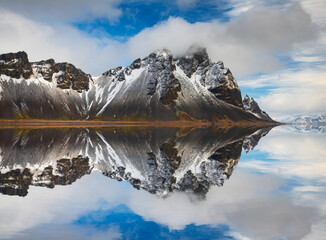 Sunset at Vestrahorn Mountain and Stokksnes beach. Vestrahorn is a popular tourist attraction along the ring road in Eastern Iceland.