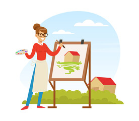 Young Woman Drawing Outdoor Landscape with Hair Pencil and Water Colour Vector Illustration