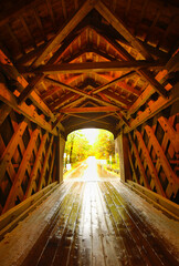 Interior of the Corbin wooden bridge in Newport, New Hampshire.