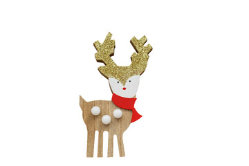 toy deer. Christmas toy elk with horns isolated on white background. New Year. Wooden figure. Decor. An object. Red scarf. Christmas. Gold. Red. 