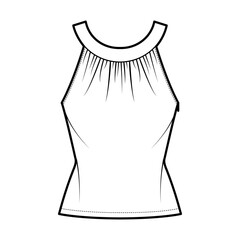 Top rounded neck band tank technical fashion illustration with ruching, fitted body, button keyhole, tunic length. Flat outwear shirt template front, white color. Women, men unisex CAD mockup