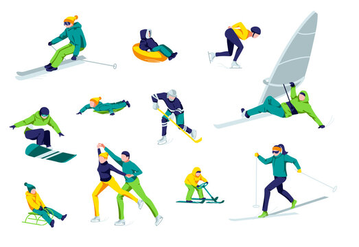 Winter sports activities set. People in warm winter clothing skiing in mountains, sledding on sleigh, skating, snowboarding, windboarding cartoon vector illustration isolated on white background