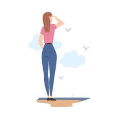 Woman Character Standing at Sea Shore and Looking Ahead as into Bright Future Vector Illustration