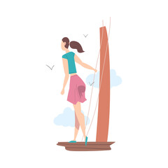 Standing at Deck Girl Looking Ahead as into Bright Future Vector Illustration