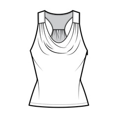 Tank racerback cowl top technical fashion illustration with ruching, fitted body, tunic length. Flat apparel outwear shirt template front, white color. Women, men unisex CAD mockup