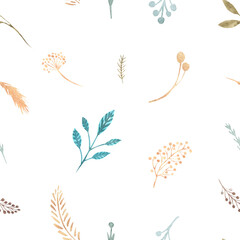 Seamless pattern of floral elements on a white background. Watercolor hand painted boho spring pattern