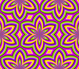 Colorful wrapping paper with six-pointed stars. Optical expansion illusion. Seamless pattern.