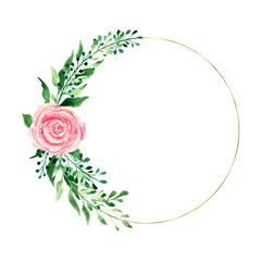 Watercolor gold frame with pink roses and branches of greenery, wedding foliage, hand-drawn. For textiles, invitations, wedding stationery, sublimation design.