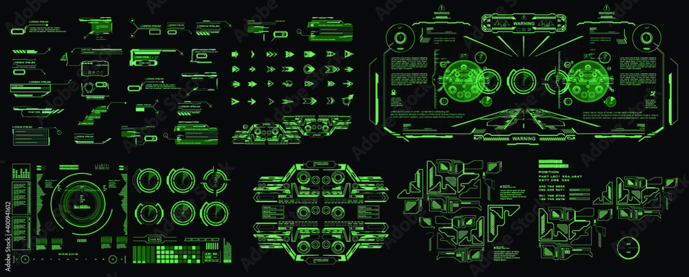 Poster HUD set cyber elements pack. Futuristic virtual graphic touch user interface. Dashboard display virtual reality technology screen. Vector elements pack