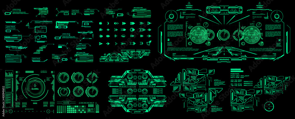 Poster hud set cyber elements pack. futuristic virtual graphic touch user interface. dashboard display virt