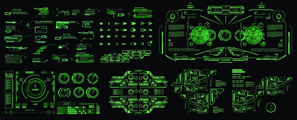 HUD set cyber elements pack. Futuristic virtual graphic touch user interface. Dashboard display virtual reality technology screen. Vector elements pack
