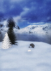3d winter mountain landscape in snowfall