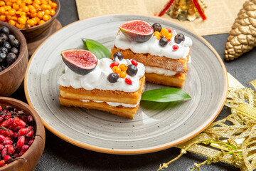 front view yummy waffle cakes on dark background sweet cake photo cream dessert