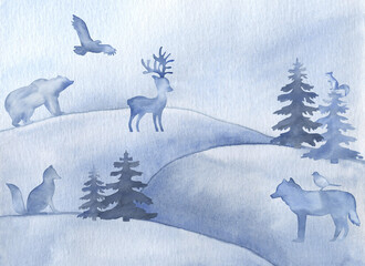 Watercolor blue winter animals and landscape with pine tree hand painted background