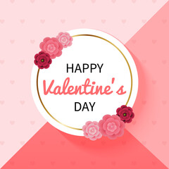 Happy Valentine's Day golden frame decorated with pink flower. Realistic vector design card.