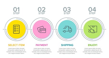 Concept of shopping process with 4 successive steps. Four colorful graphic elements. Timeline design for brochure, presentation, web site. Infographic design layout.