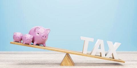 Piggy bank and tax letter on seesaw. 3d illustration