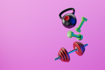 Dumbbells and Kettlebells floating abstractly in the air. 3d illustration - obrazy, fototapety, plakaty