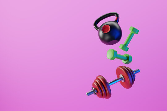 Dumbbells and Kettlebells floating abstractly in the air. 3d illustration