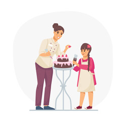 Сooking kids class. Cooks children. Kids cooking food, woman chef decorated cake together with small girl, conducts a masterclass cartoon vector