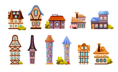 Medieval town house, ancient European buildings and towers, shops, taverns. Medieval town with old architectural brick facades buildings with brick wall, wooden doors cartoon