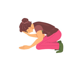 Unhappy young girl in despair, anger, kneels, sadness, expression loneliness, pain problems. Frustrated woman with nervous problems, in anger, irritation holding his head. Despair, frustration
