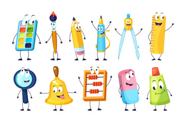 Fototapeta premium School funny office supplies characters. School stationery mascots with smile faces compass, book, marker, pen, backpack, eraser, globe, paints, calculator. Happy education supplies