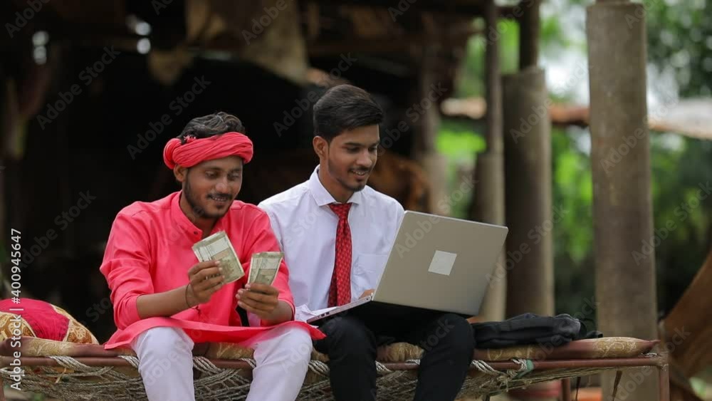 Sticker young indian farmer with agronomist or banker at home