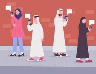 Arabian people look at to smartphone walking on the street flat illustration