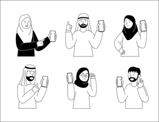 Group of arabian people show the smartphone flat outline illustration